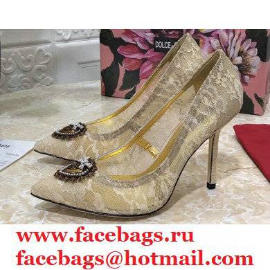 Dolce & Gabbana Heel 10.5cm Taormina Lace Pumps Gold with Devotion Heart 2021 - Click Image to Close